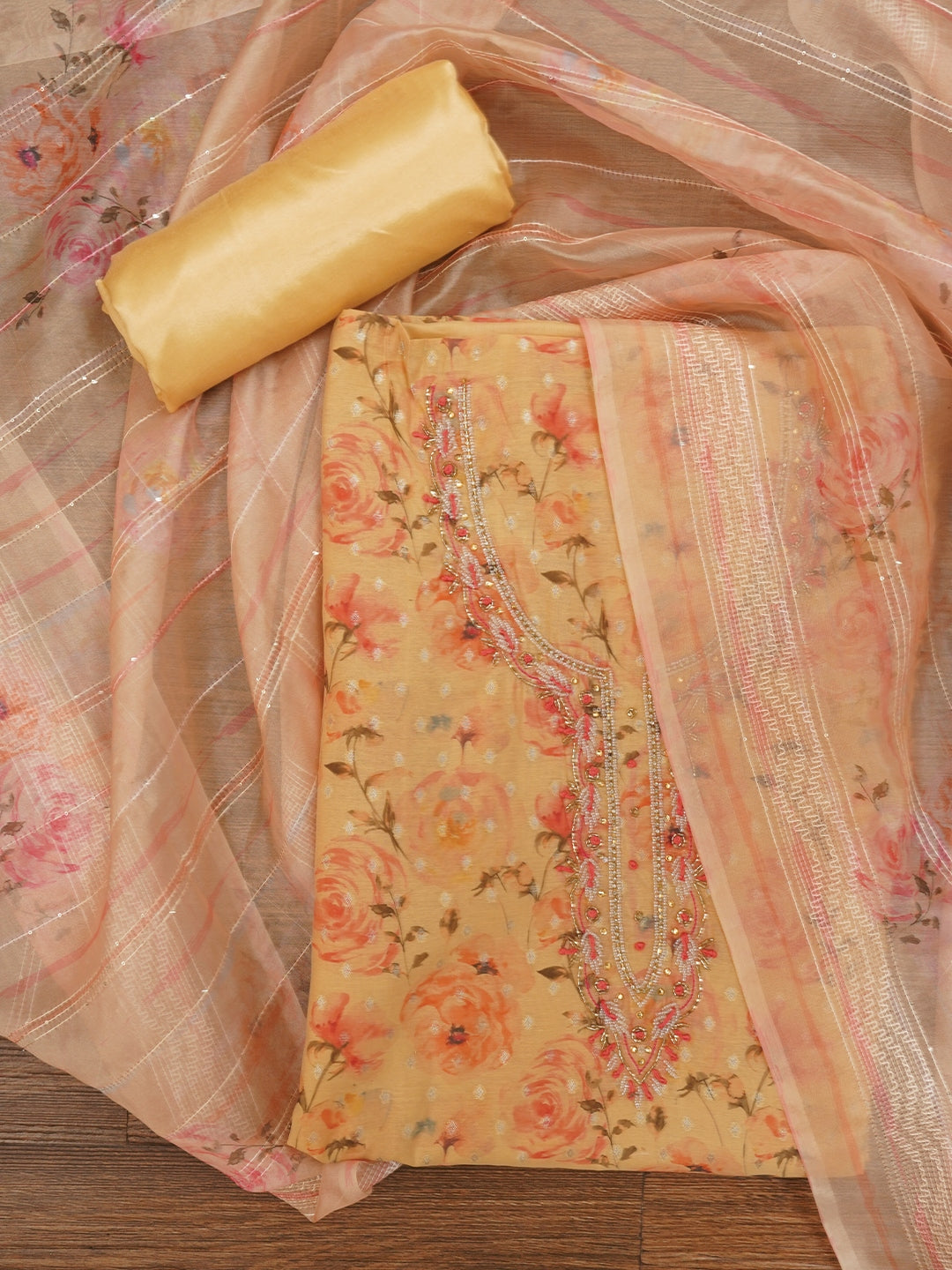 Beige Floral Printed Silk Zari Woven Dress Material with Dupatta