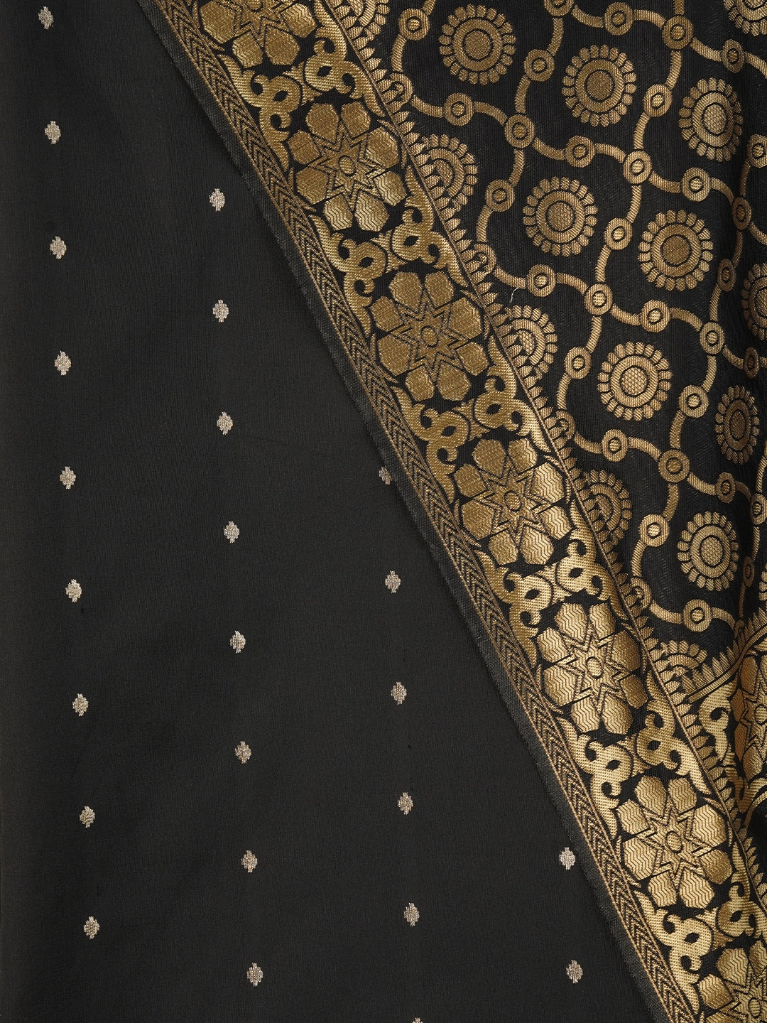 Black Zari Woven Silk Blend Dress Material With Dupatta