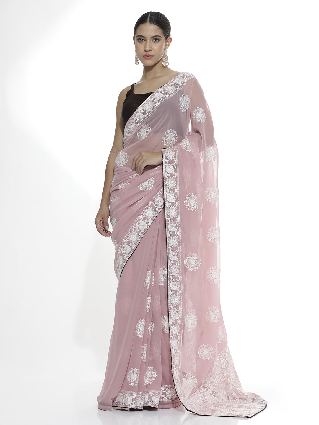 Traditional Pink Embroidered Pure Georgette Saree