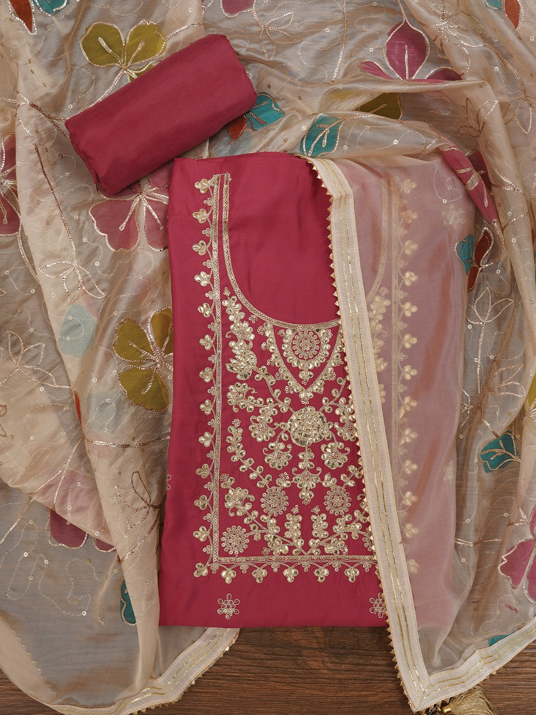 Pink Floral Printed Embroidered Pure Silk Dress Material with Dupatta