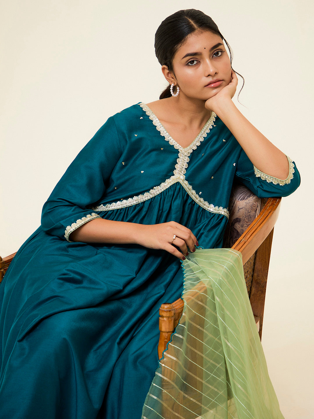 Teal Embroidered Festive Kurta Set