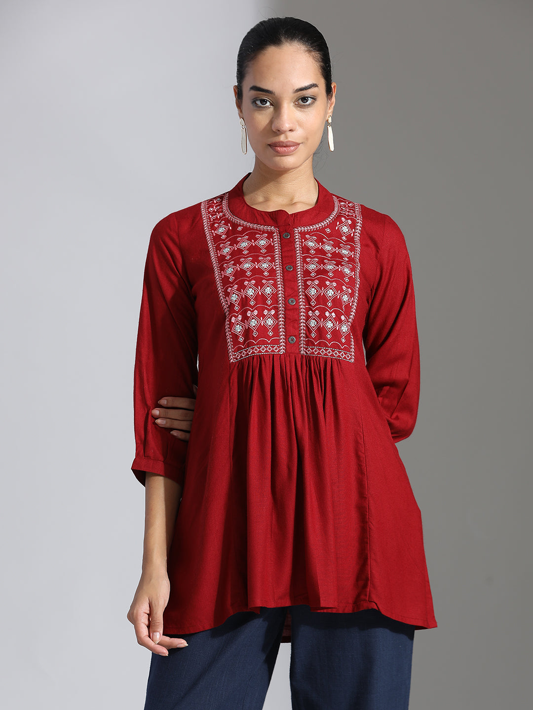 Red Embroidered Party Wear A-line Top