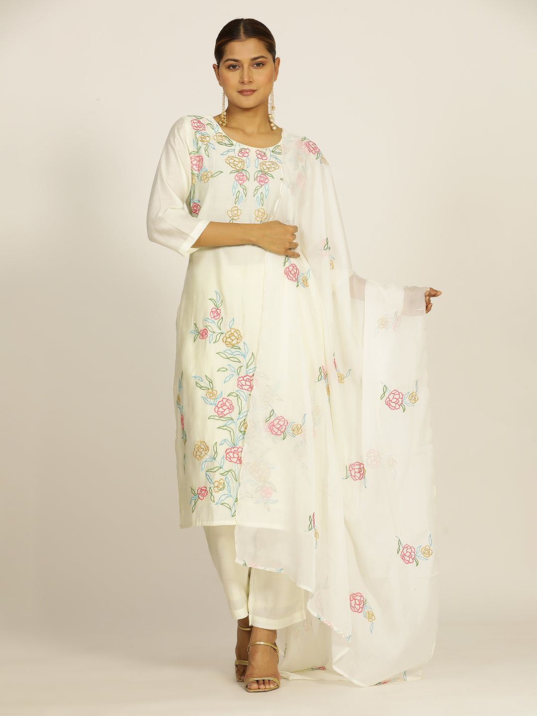 Off-White Resham Embroidered Chanderi Festive Suit Set