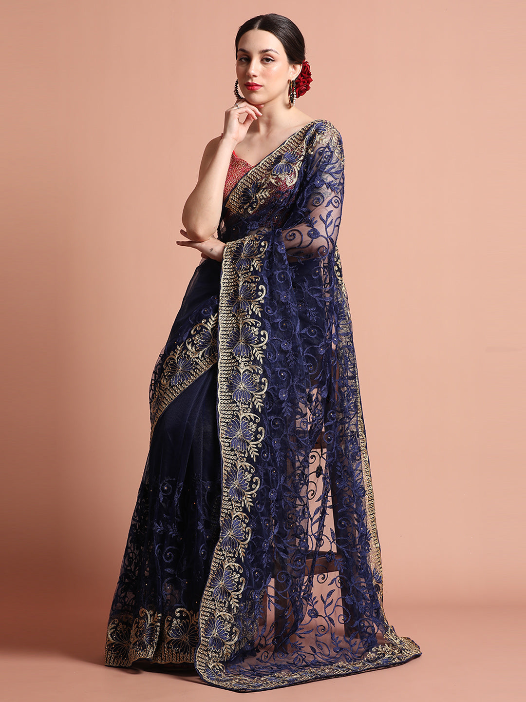 Navy Blue Heavy Floral Embroidered Net Party Wear Saree