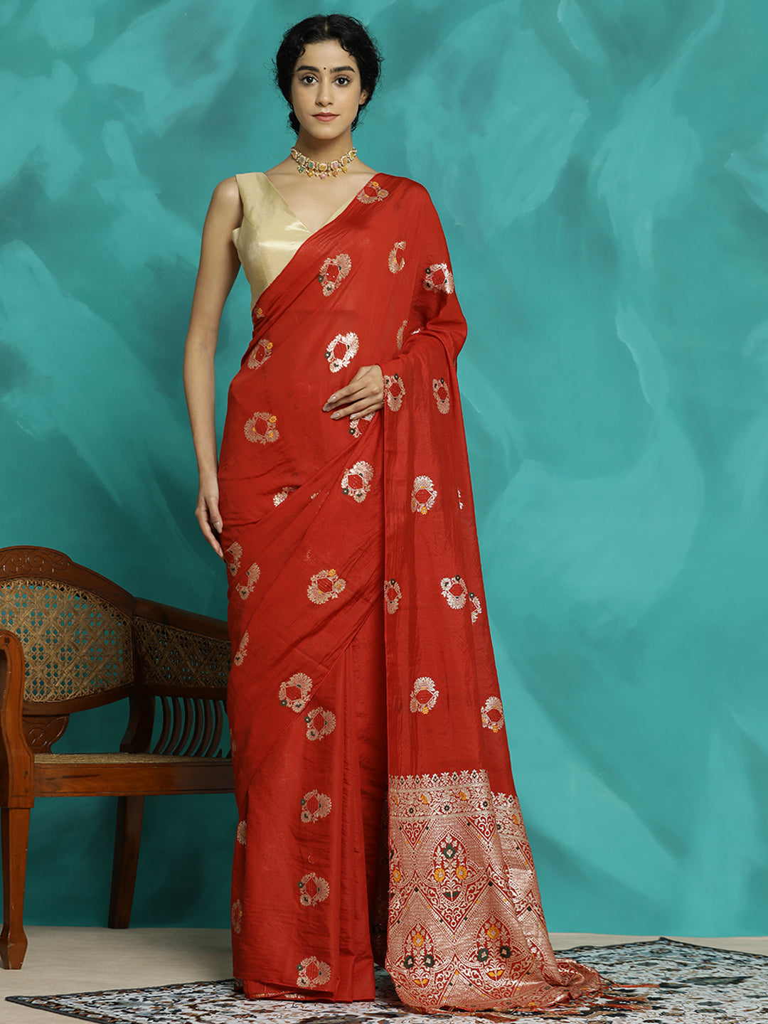 Red Silk Blend Party Wear Banarasi Saree