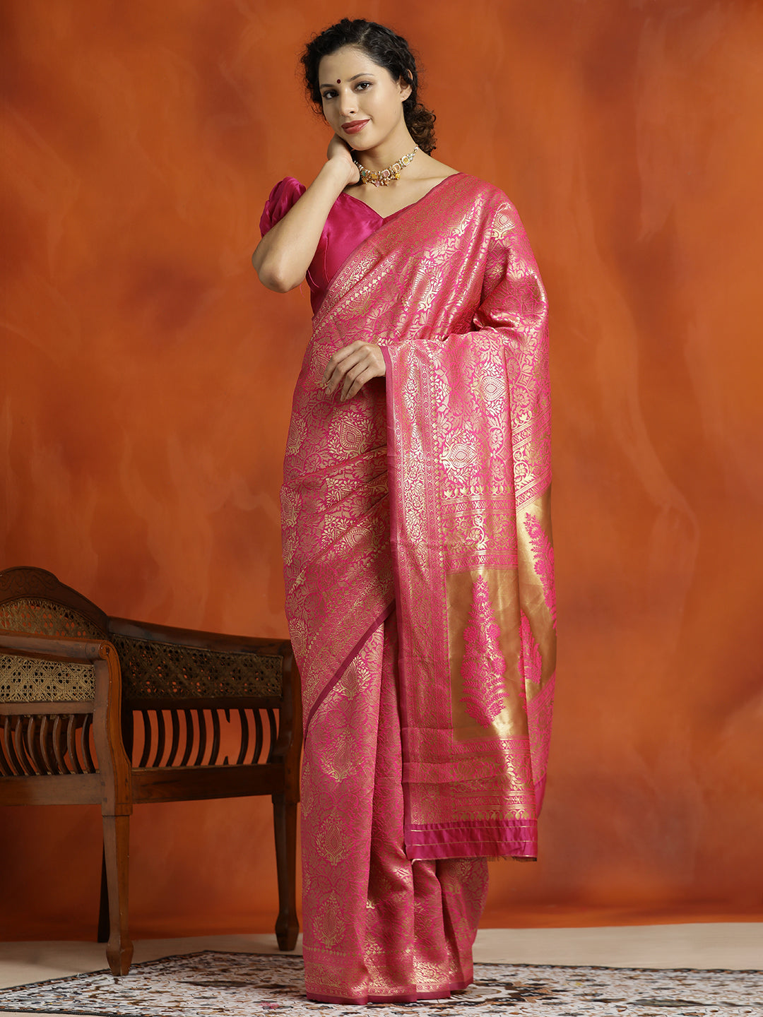 Pink Silk Banarasi Zari Woven Heavy Red Saree