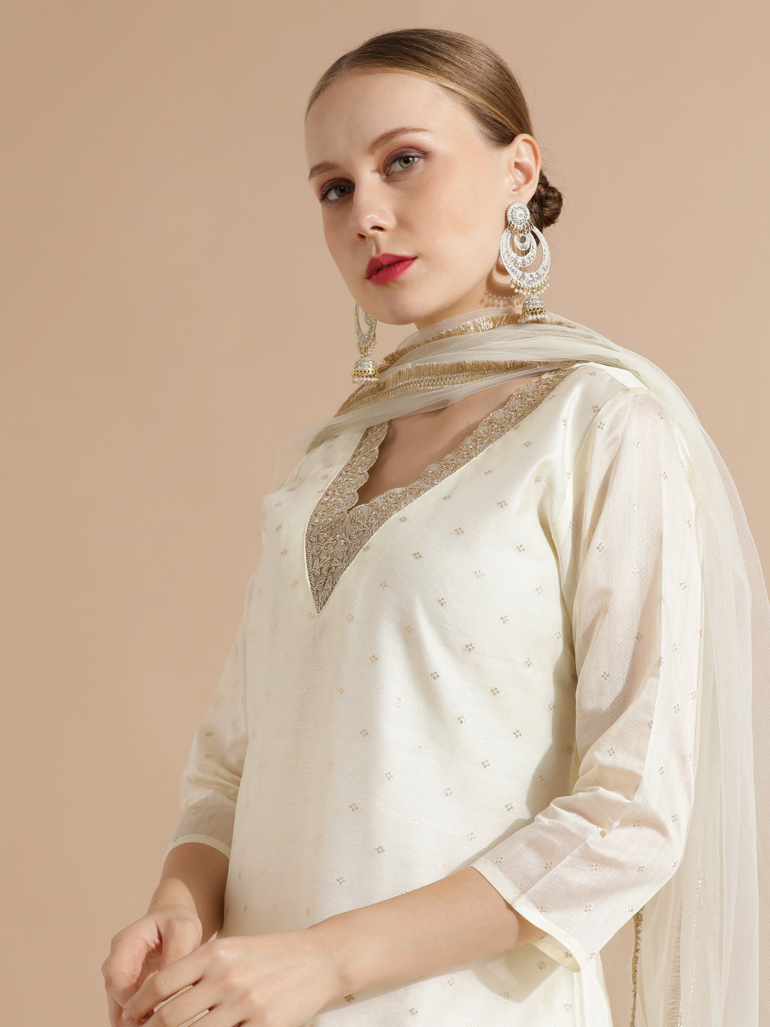 Off White Chanderi Woven Festive Kurta Set With Dupatta