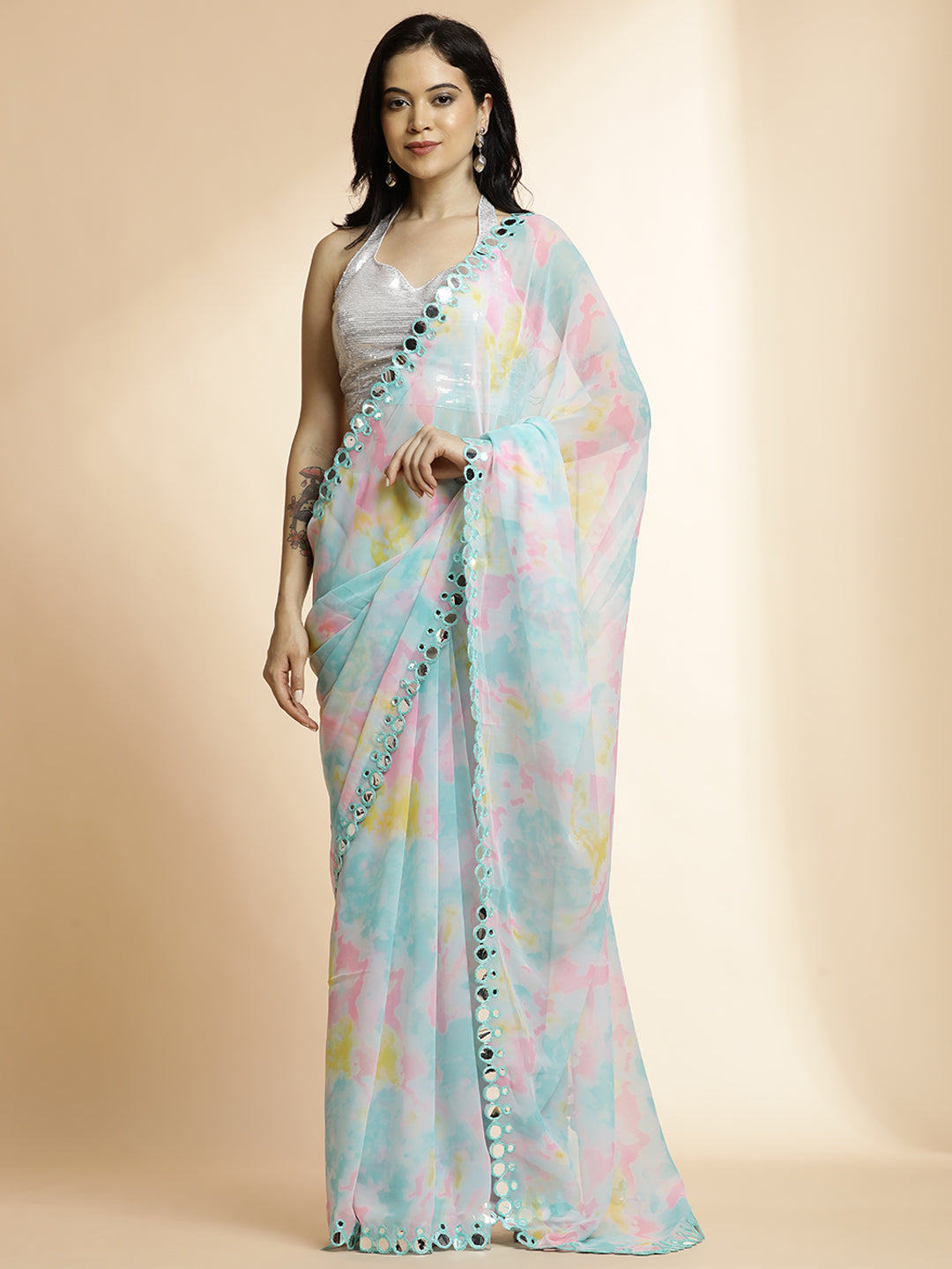 Sky Blue Tie-Dye Mirror Work Pure Georgette Saree