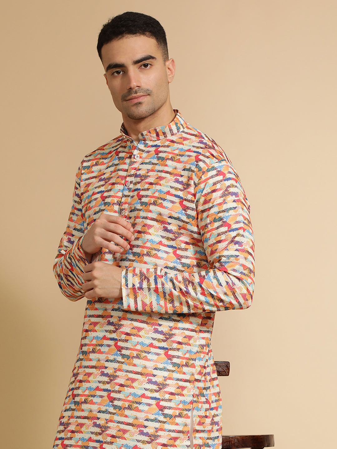 Multicolor Abstract Printed Cotton Kurta for Men