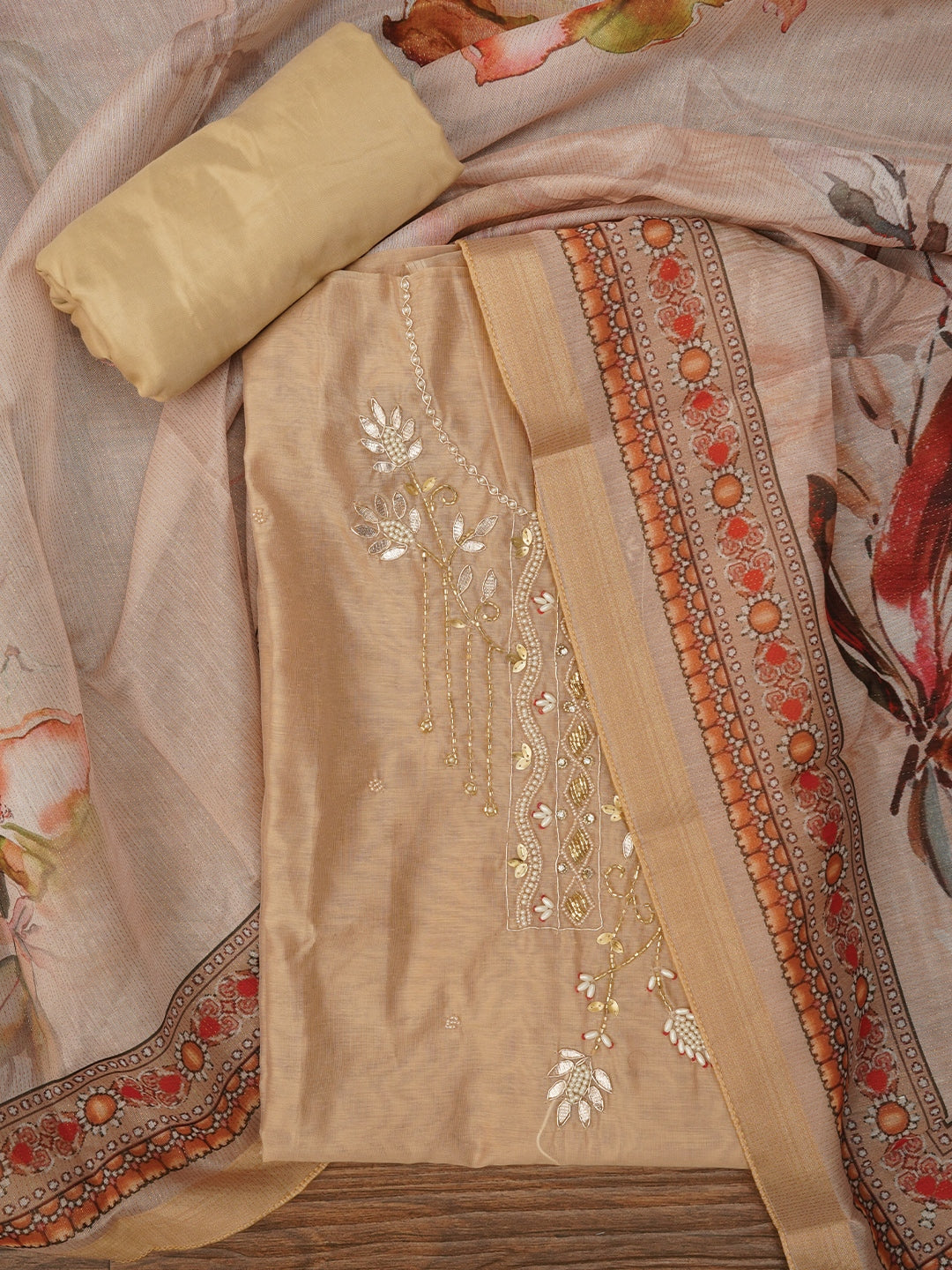 Beige Unstitched Zari Woven Design Cotton Dress Material with Dupatta