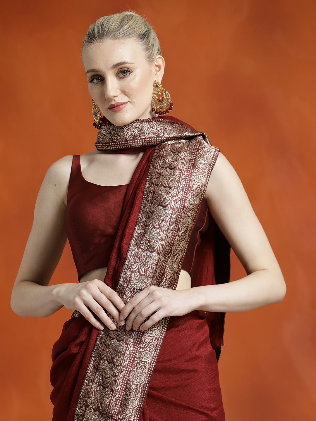 Maroon Silk Blend Zari Woven Party Wear Saree