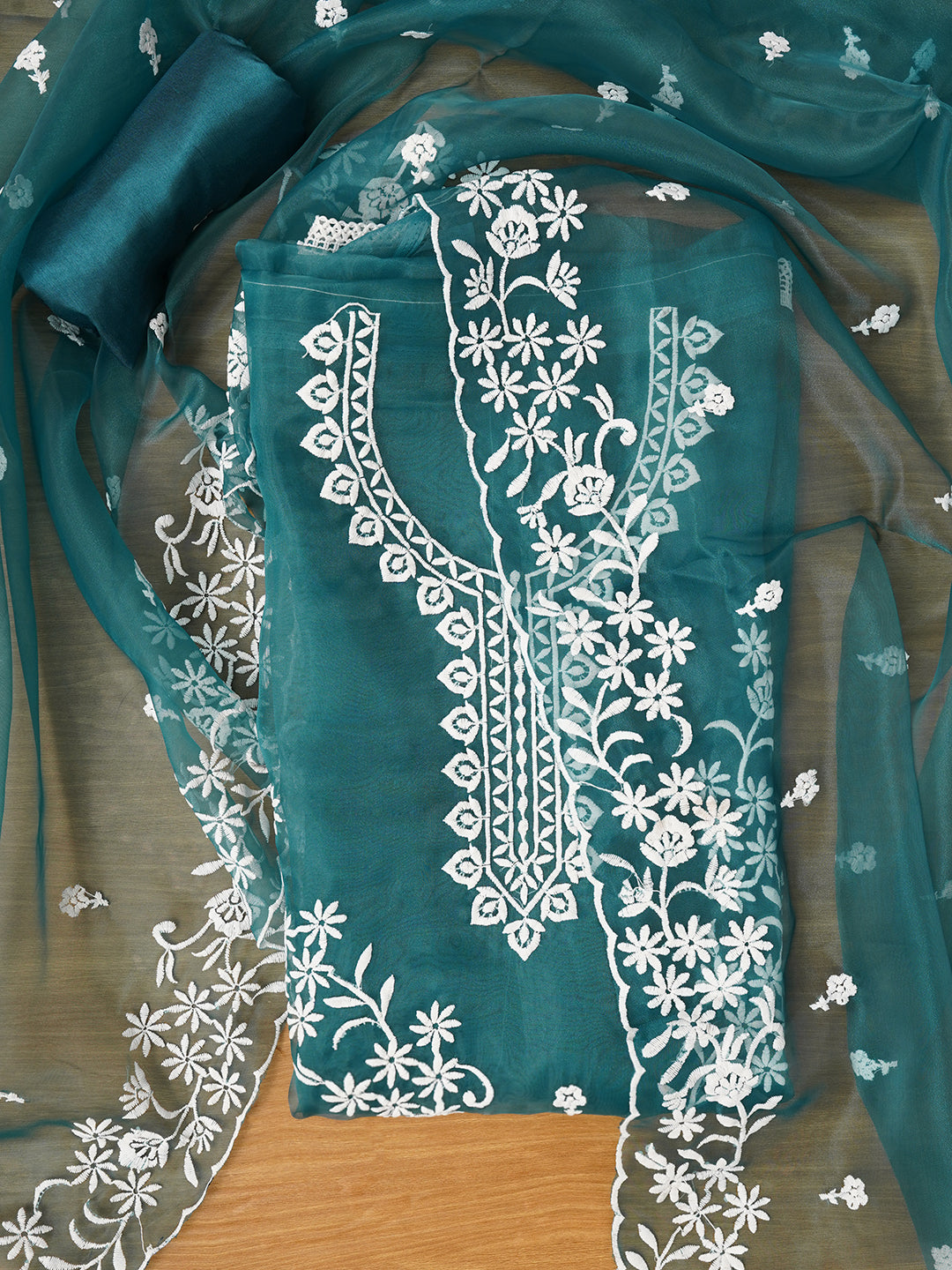 Sea Green Floral Embroidered Organza Dress with Dupatta