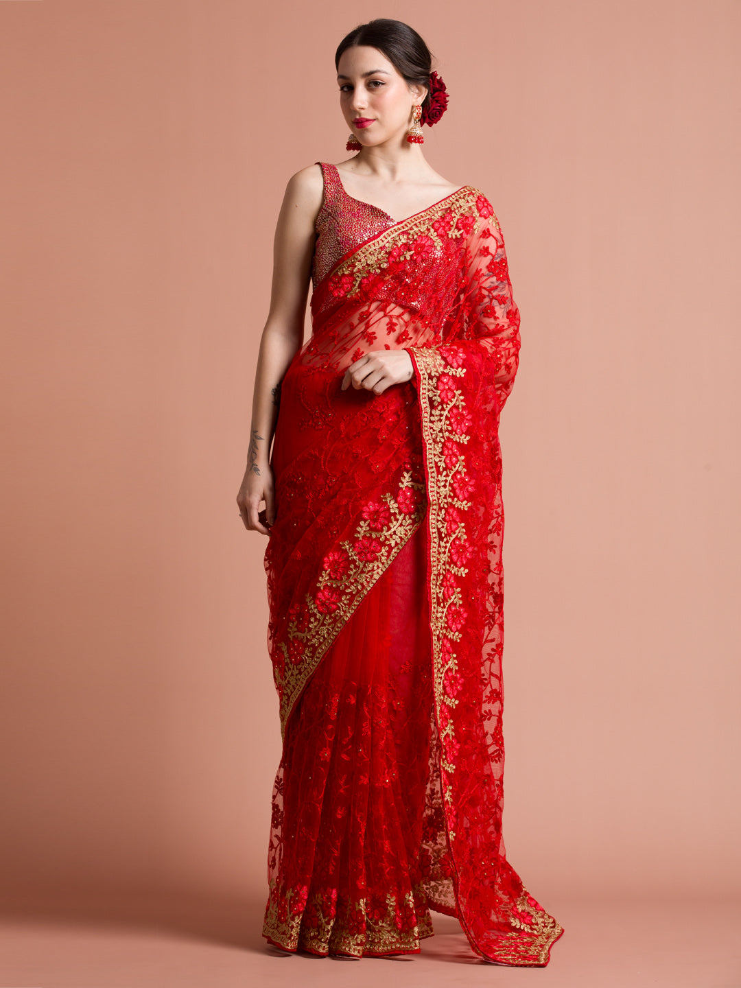 Floral Embroidered Net Red Party Wear Saree