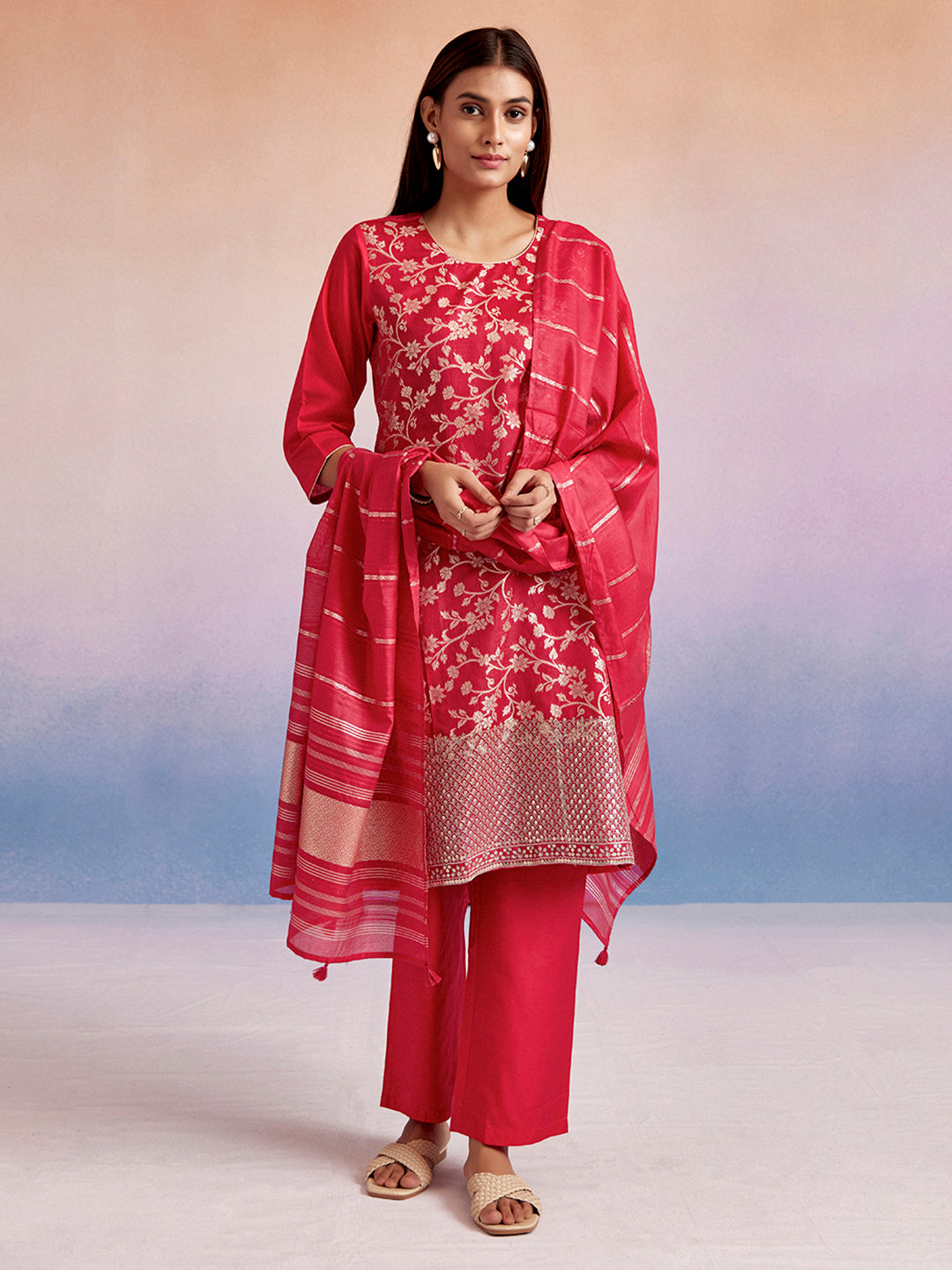 Zari Embroidered Festive Kurta Set With Dupatta