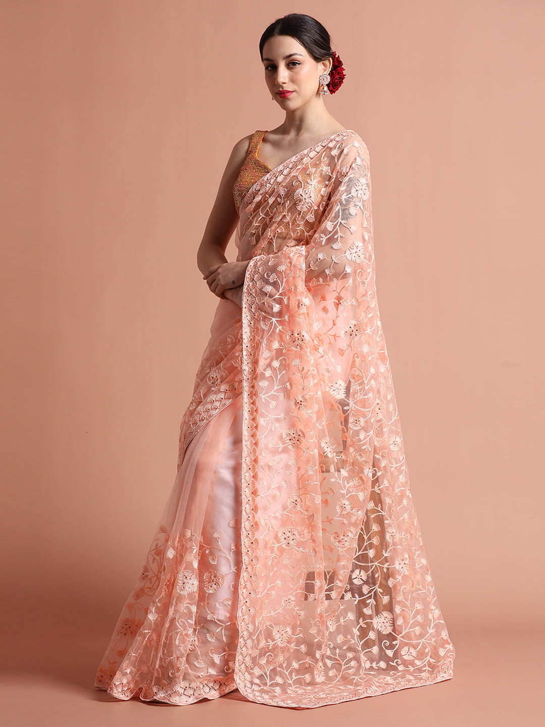 Peach Party Wear Floral Embroidered Net Saree