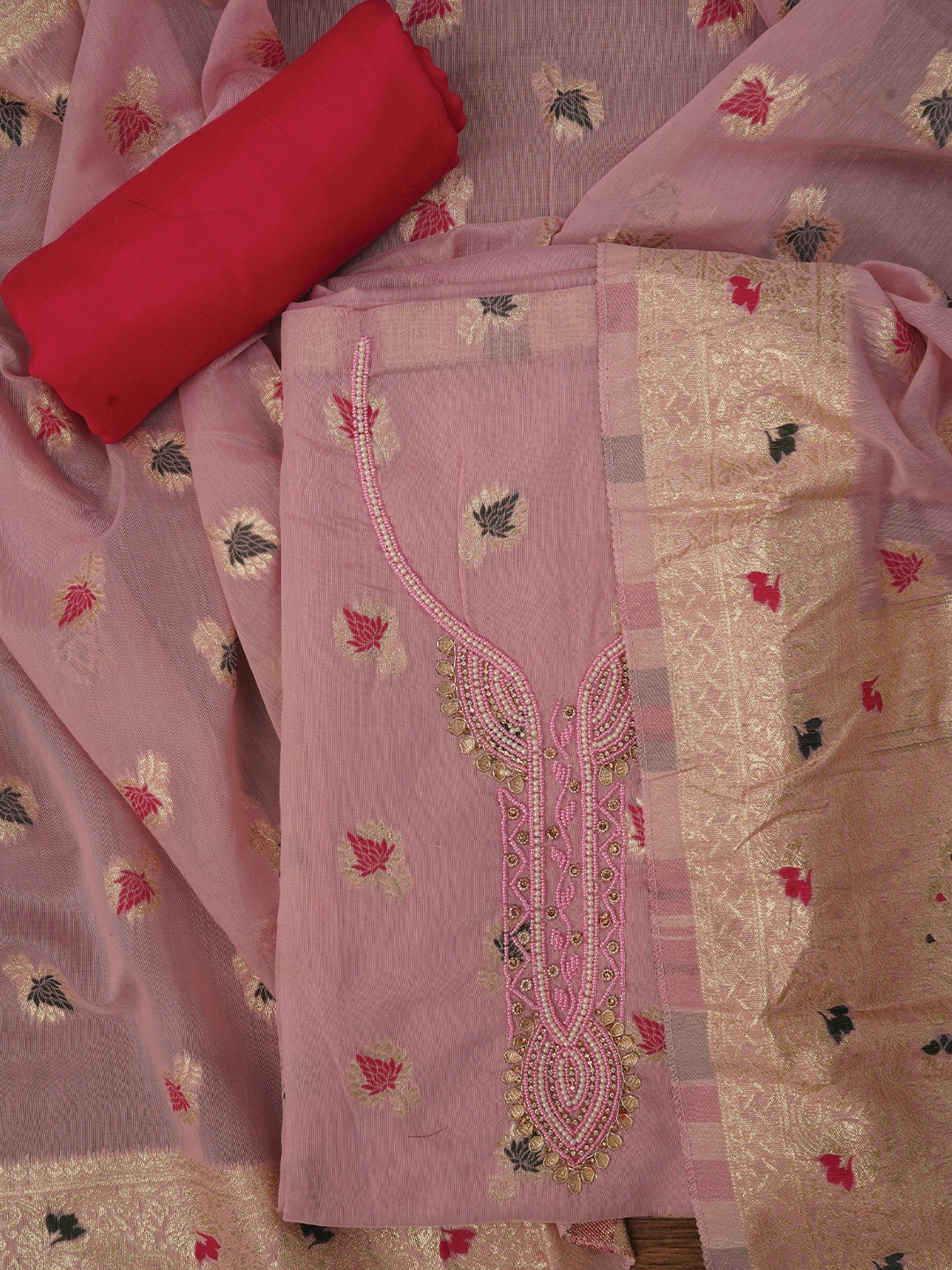 Zari Pink Woven Cotton Blend Dress Material with Dupatta