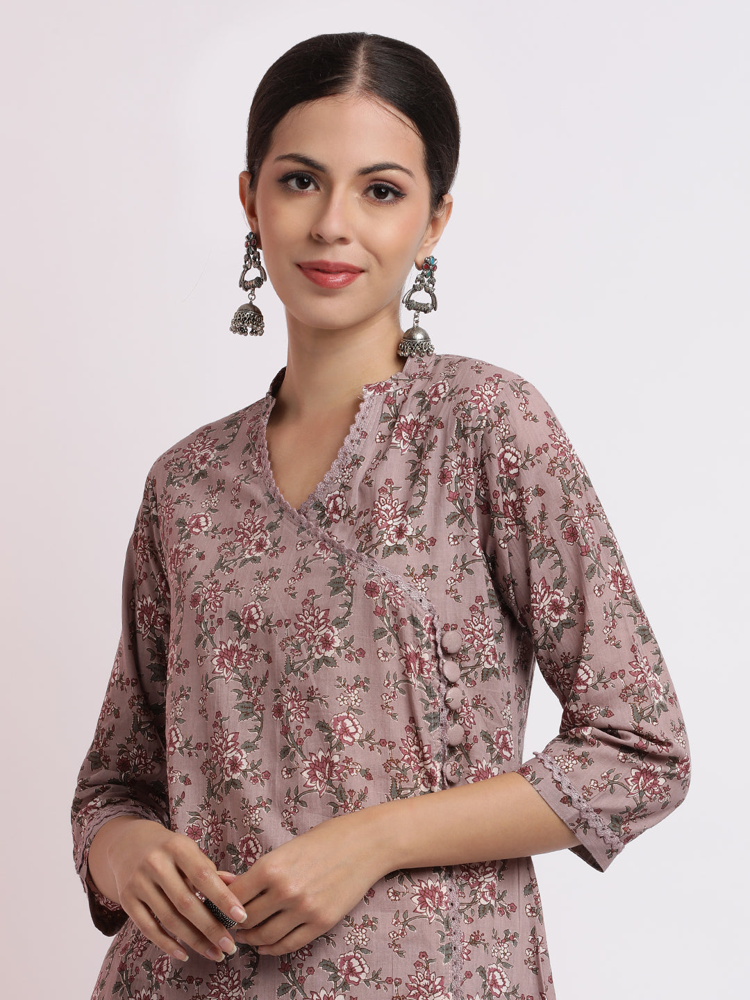 Mauve Floral Printed Pure Cotton Kurta Set