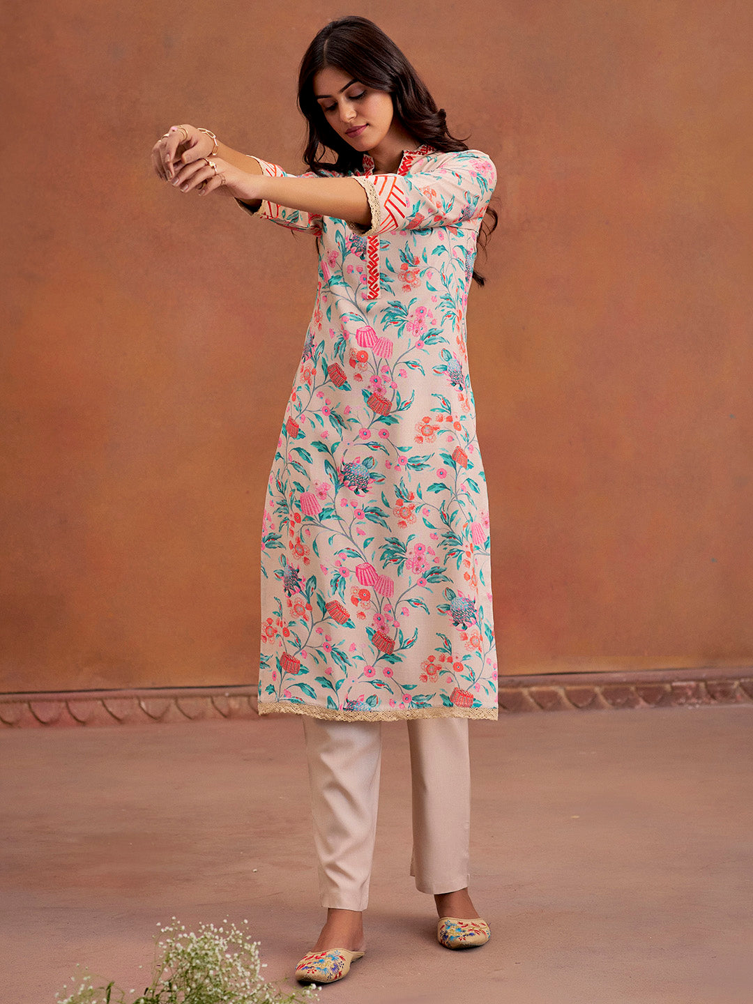 Beige Embroidered Tropical Printed Straight Kurta