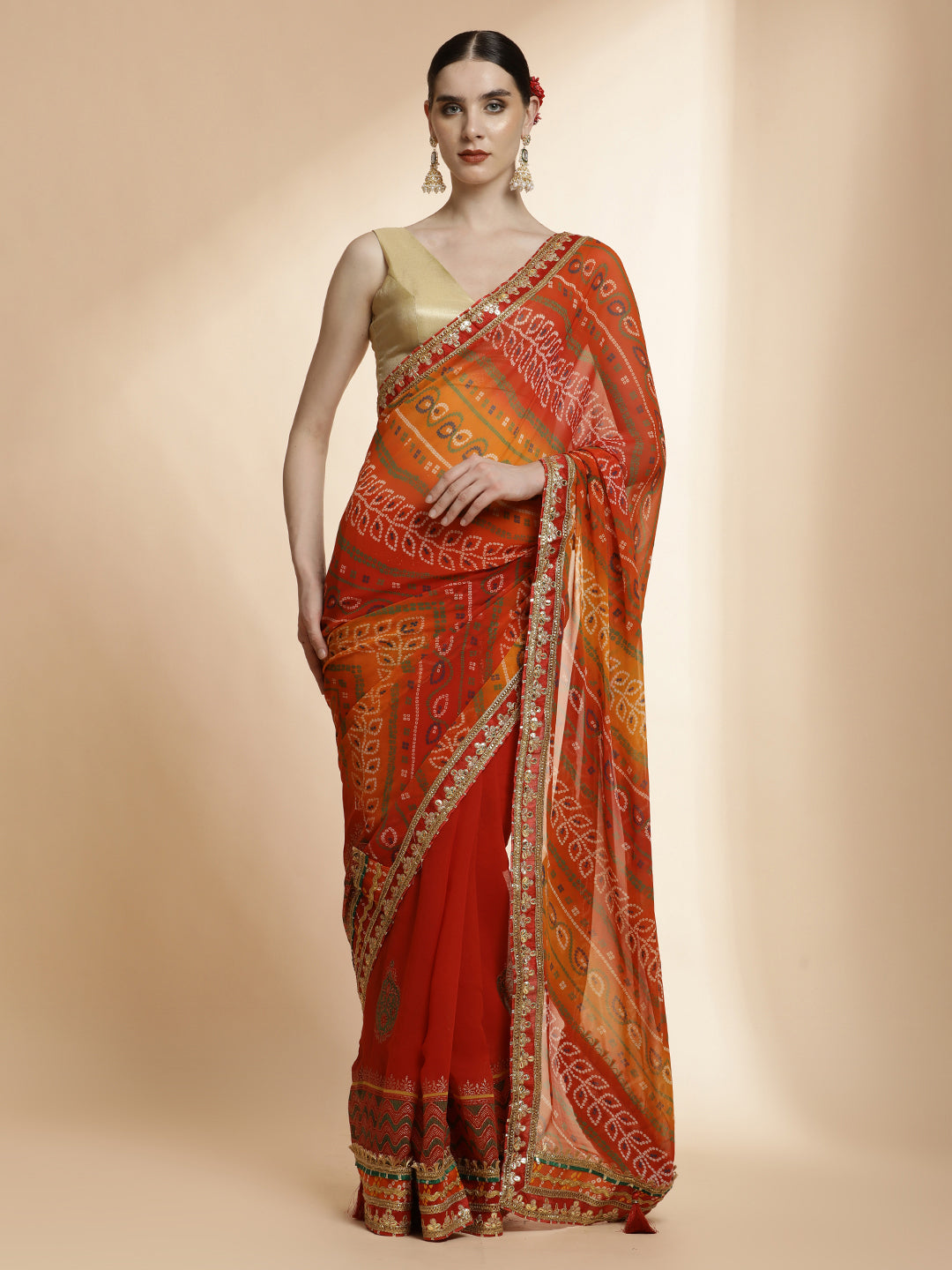 Red Festive Embroidered Bandhani Pure Georgette Saree