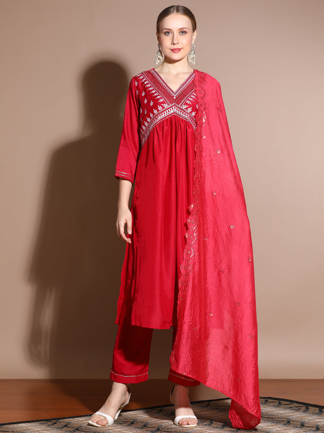 Red Velvet Solid Kurta Set With Dupatta