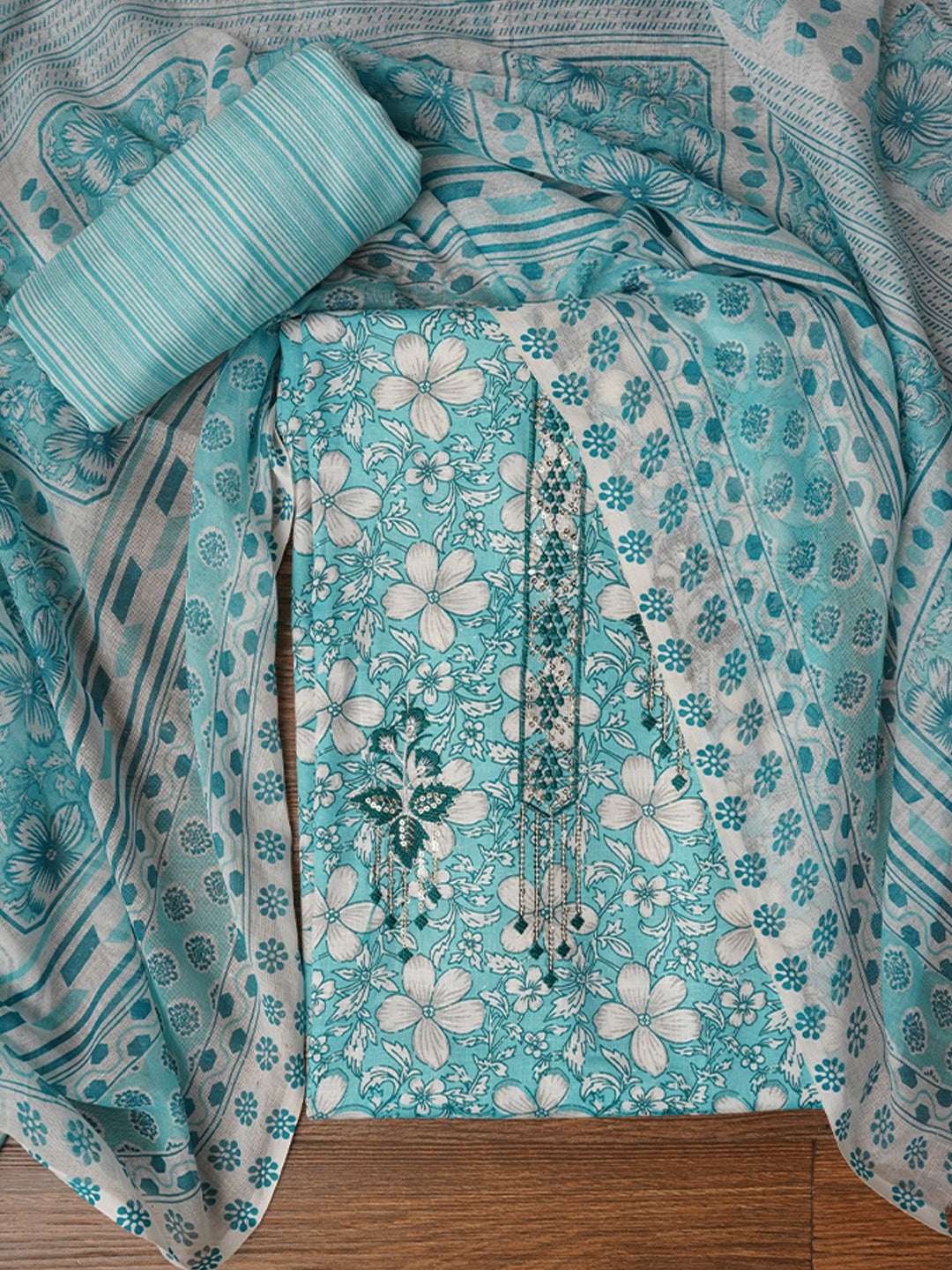 Blue Embellished Floral Printed Pure Cotton Dress Material with Dupatta