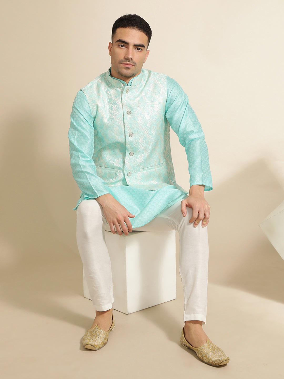 Sea Green Silk Blend Kurta With Woven Design Nehru Jacket Set