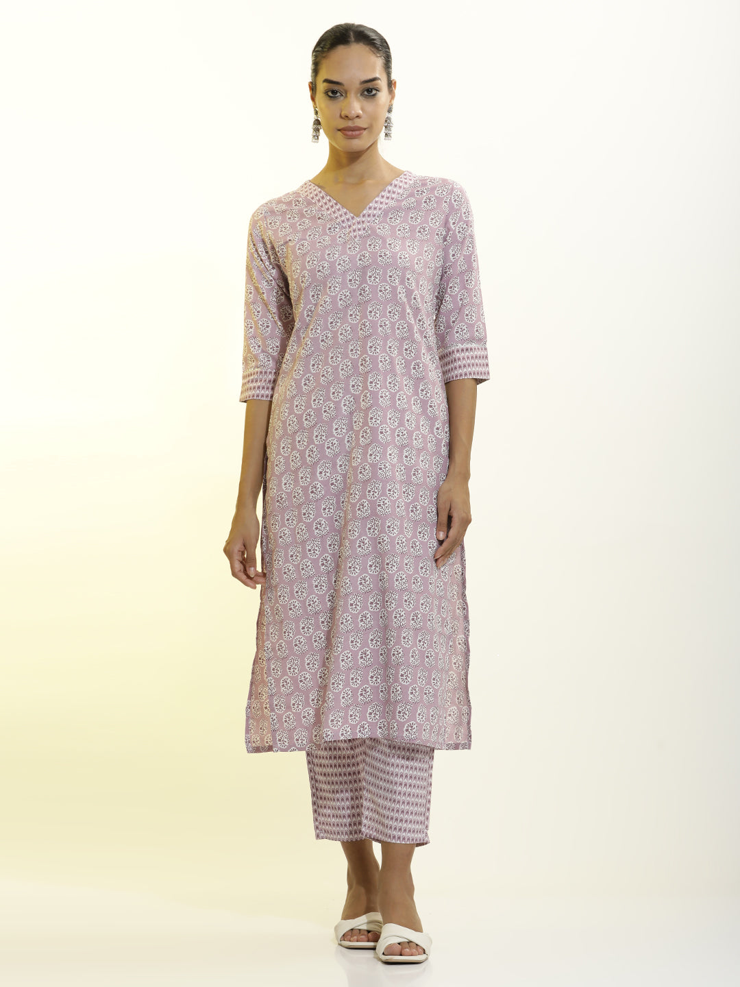 Lavender Cotton Printed Straight Kurta Set