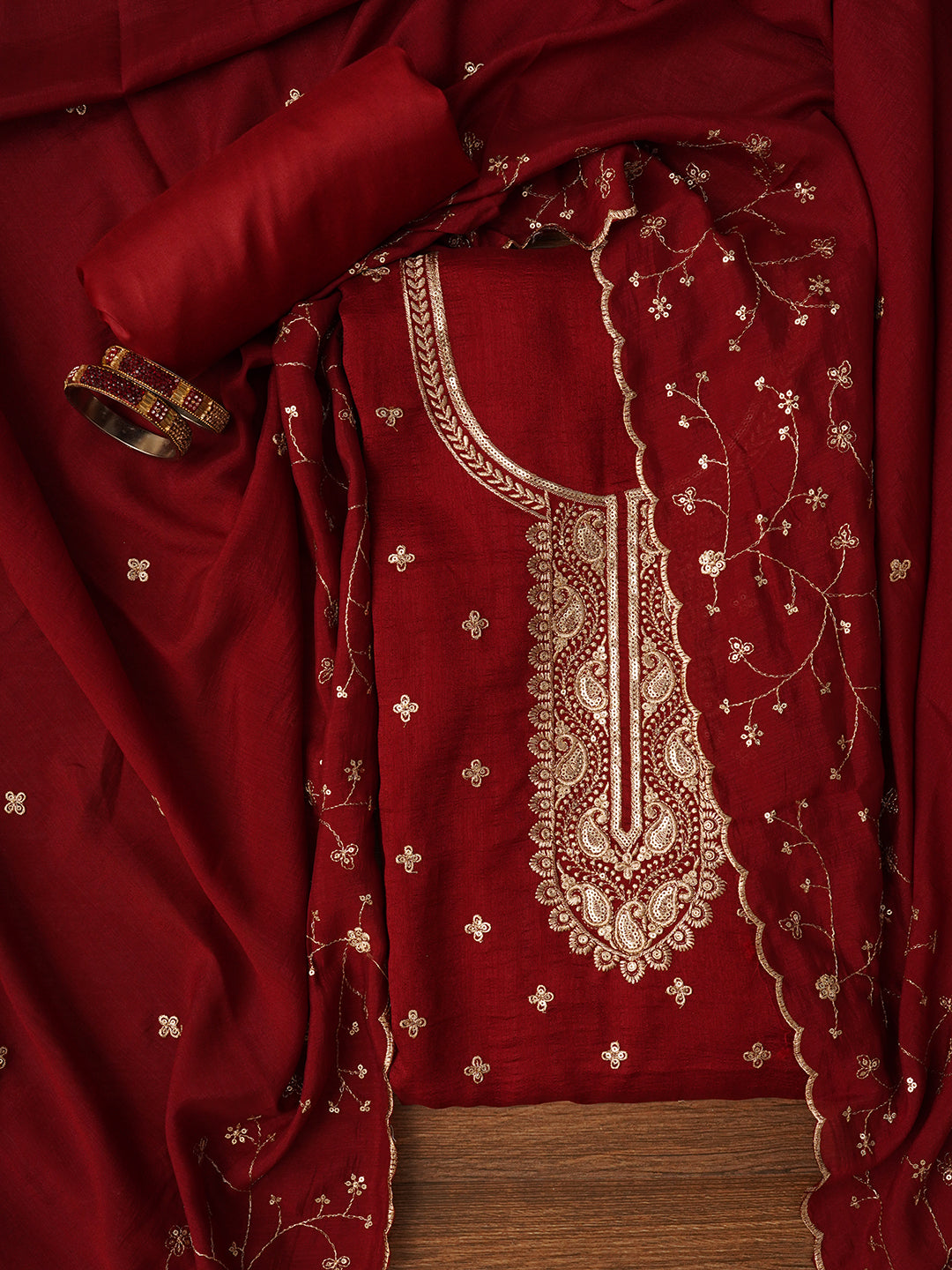 Unstitched Maroon Embroidered Cotton Blend Dress Material With Dupatta