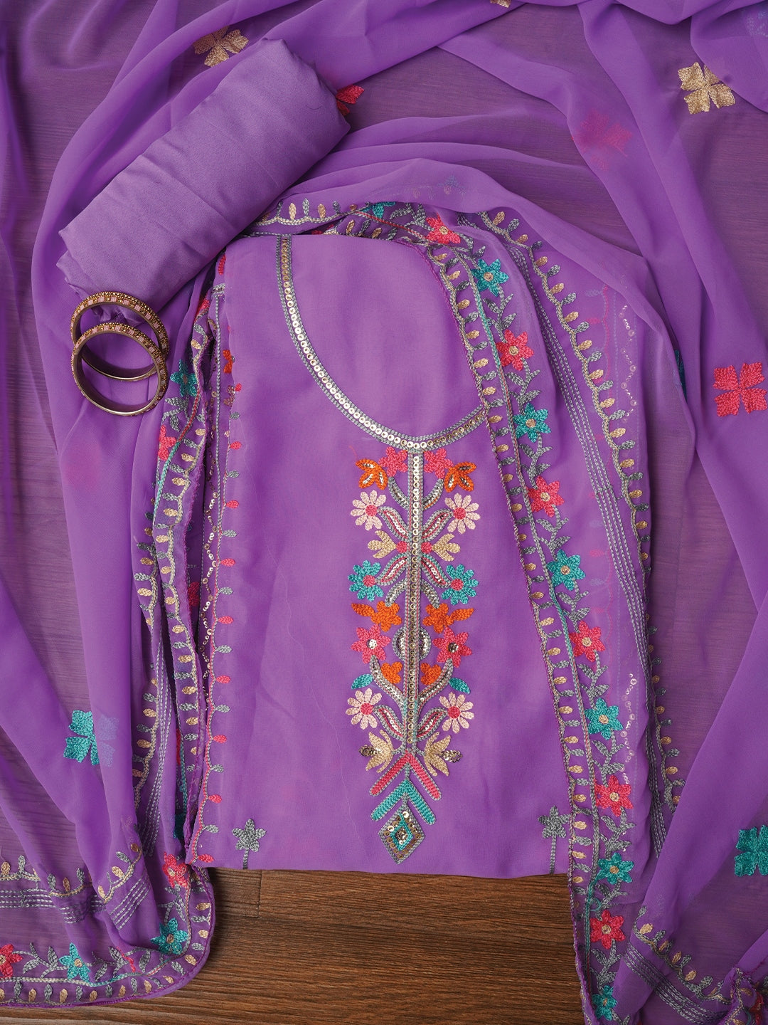 Lavender Sequin Embroidered Silk Georgette Dress Material with Dupatta