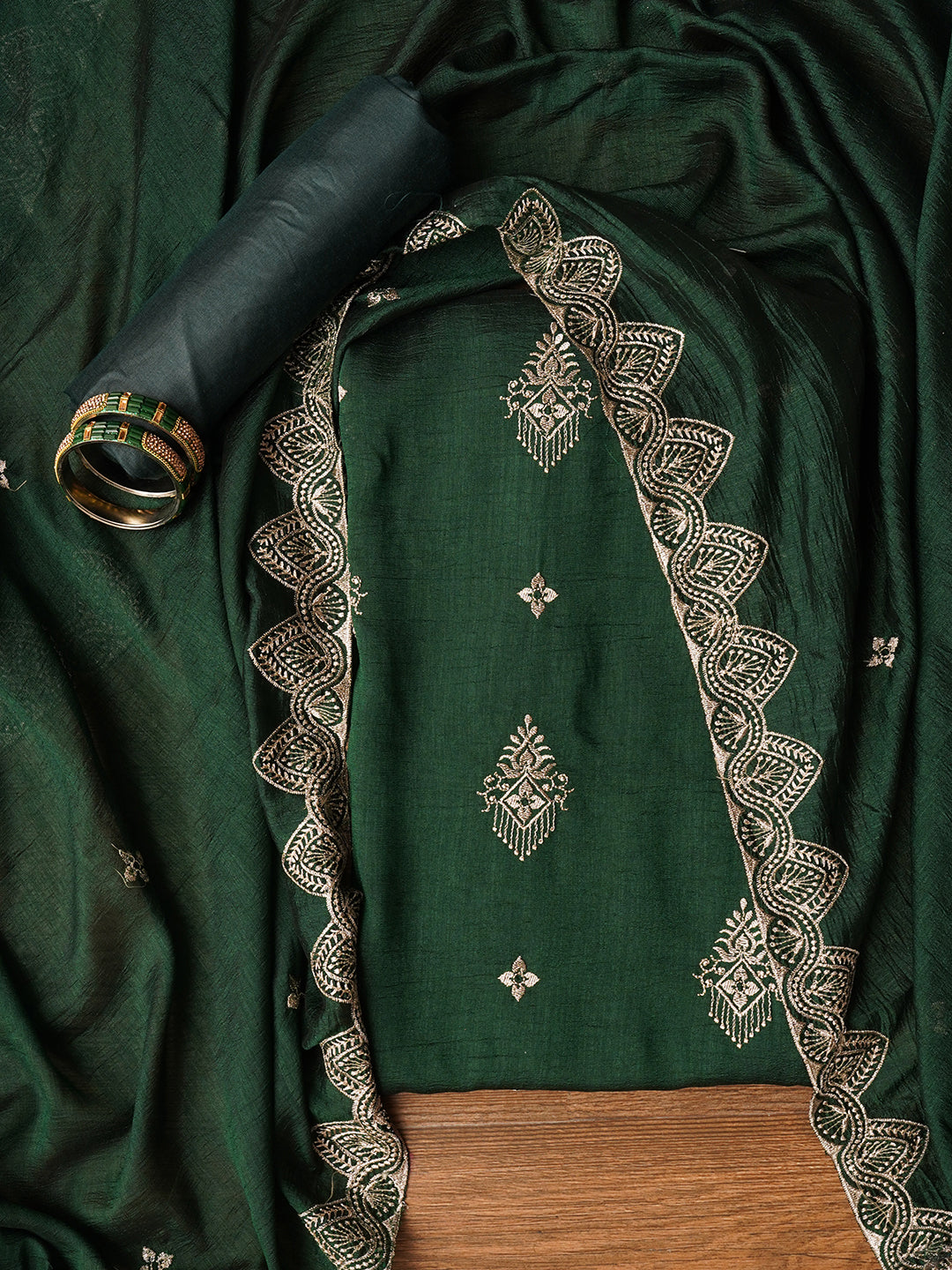 Green Unstitched Embroidered Silk Blend Dress Material With Dupatta