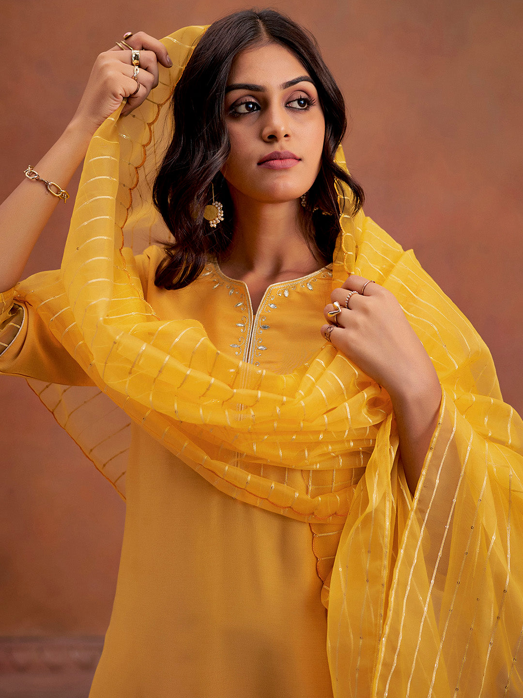 Mustard Festive Embroidered Poly Silk Kurta Set With Dupatta