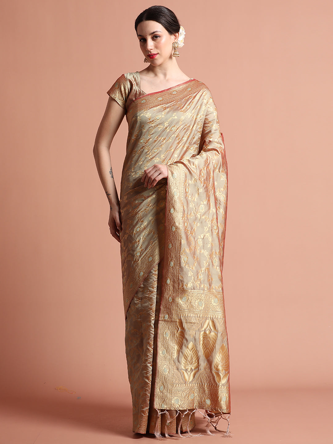 Beige Silk Banarasi Zari Woven Heavy Saree