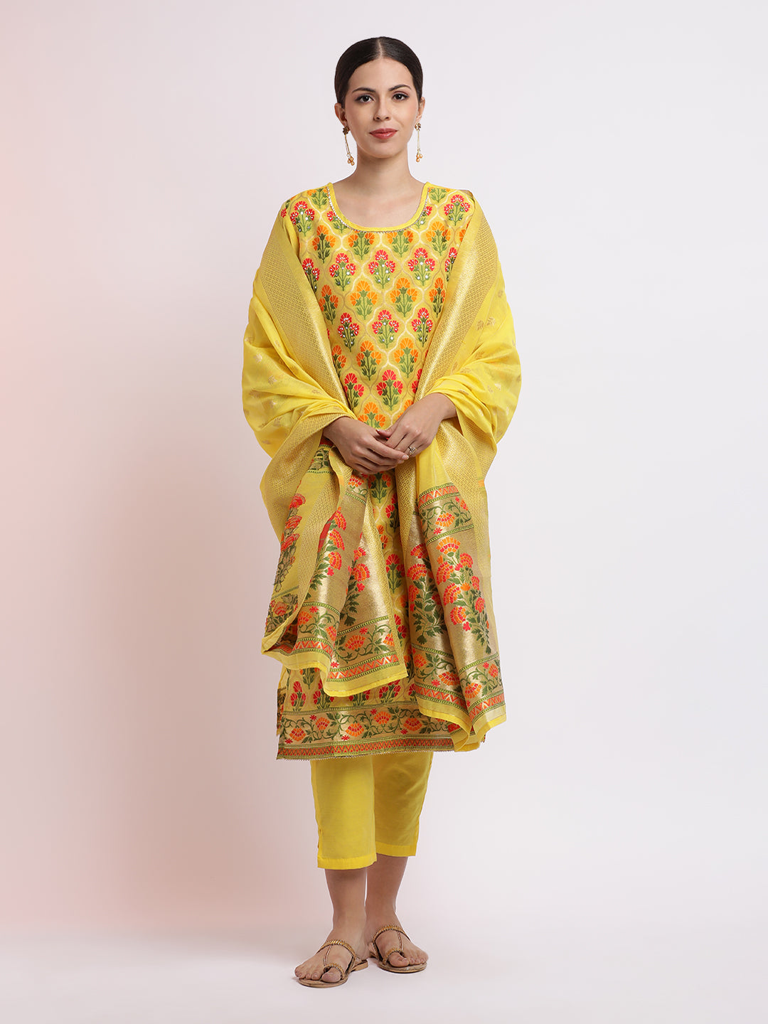 Yellow Woven Design Jacquard Kurta Set With Dupatta