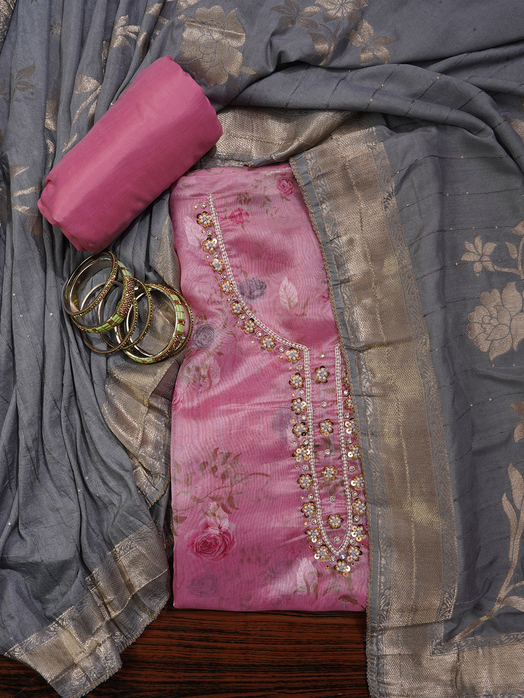 Pink Zari Embellished Organza Dress Material with Dupatta