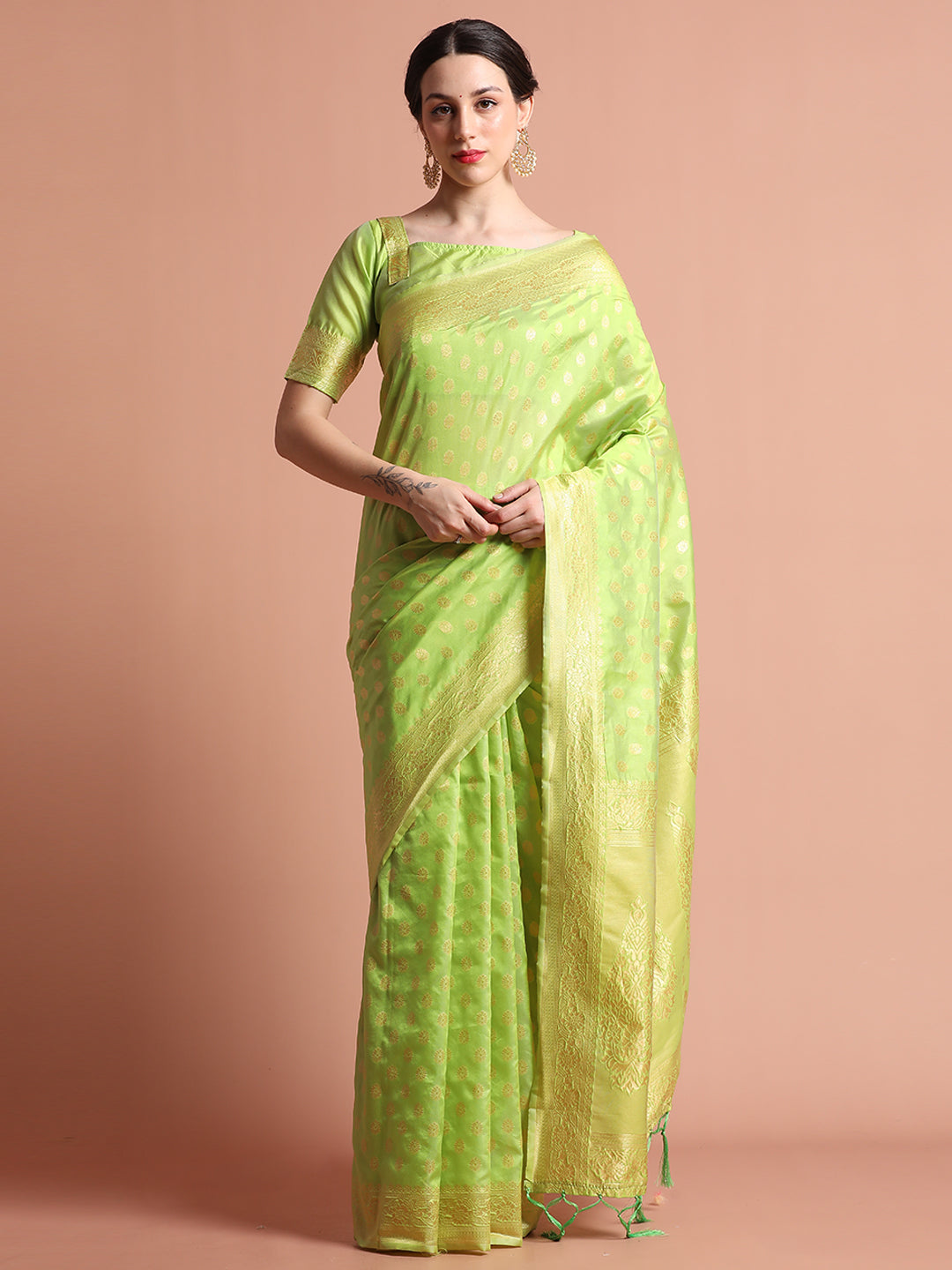 Pista Green Heavy Banarasi Zari Woven Silk Blend Saree