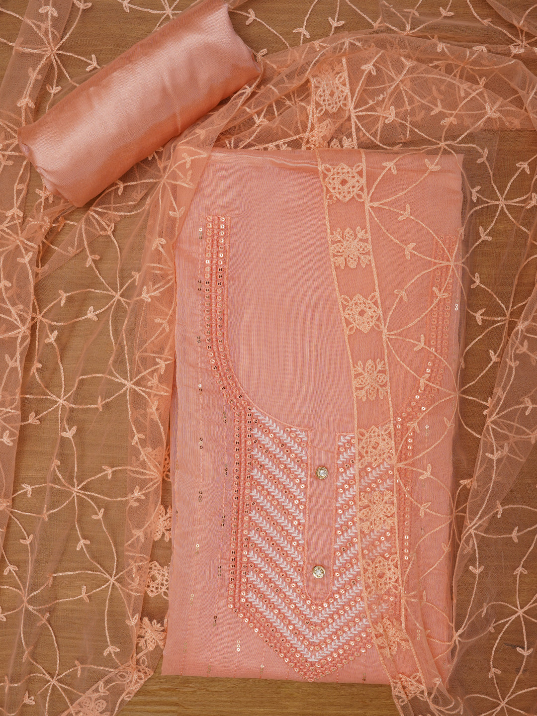 Peach Unstitched Embroidered Cotton Blend Dress Material With Dupatta