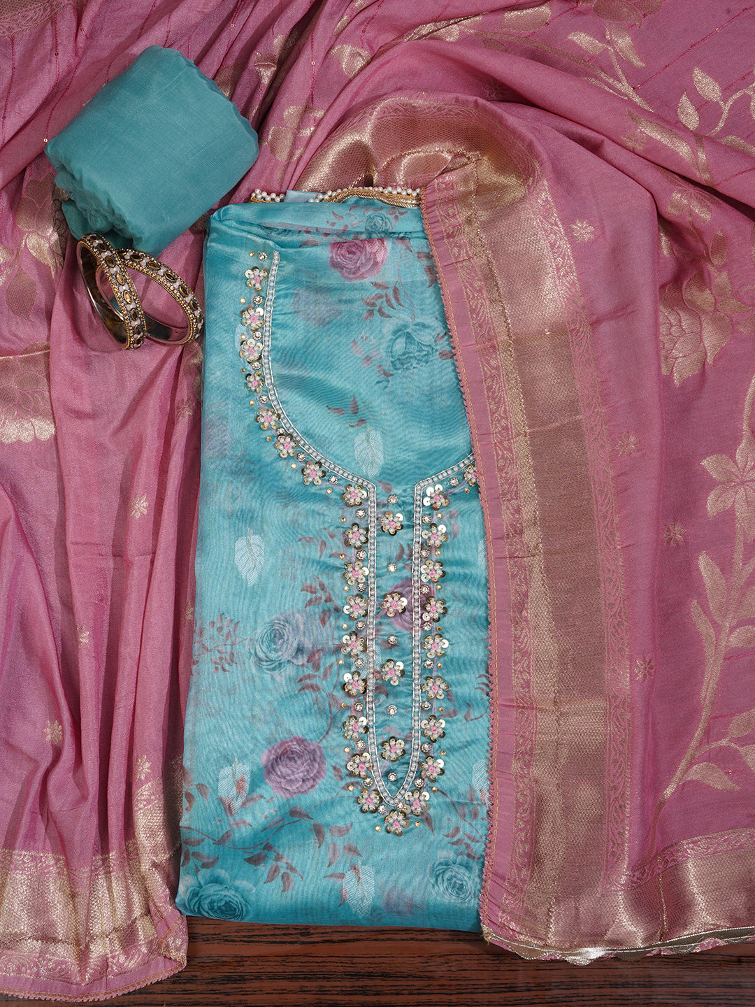 Sea Green Zari Embellished Organza Dress Material with Dupatta