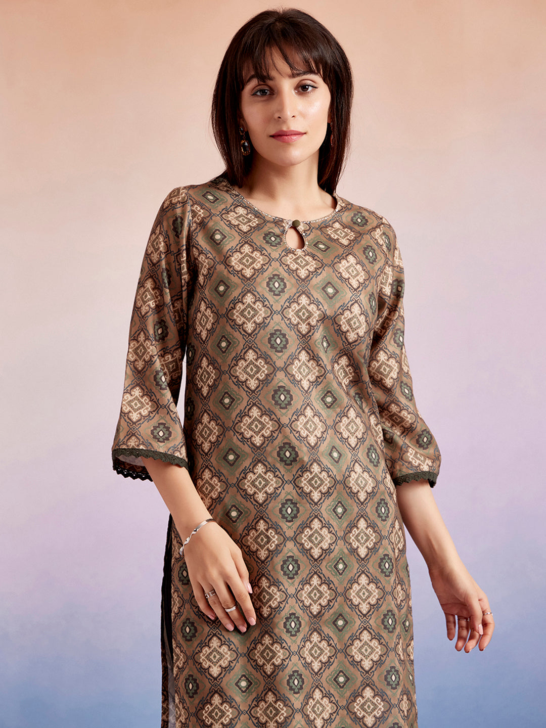 Olive Green Moroccan Printed Straight Kurta