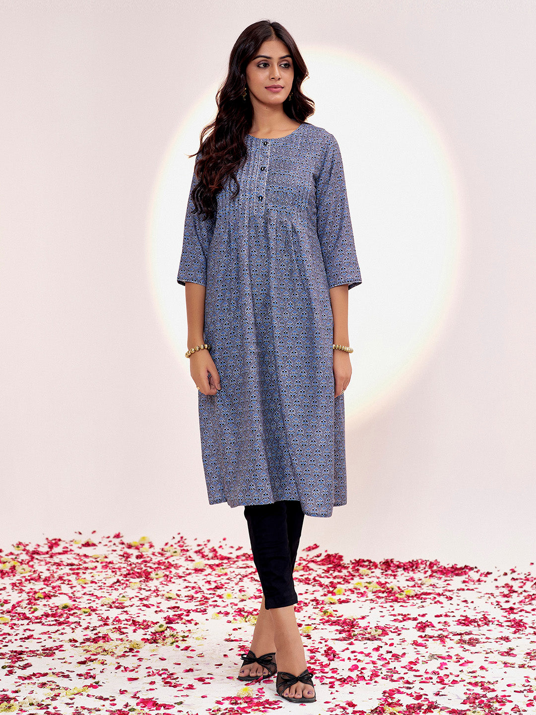 Dark Grey Ethnic Motif Printed Straight Kurta