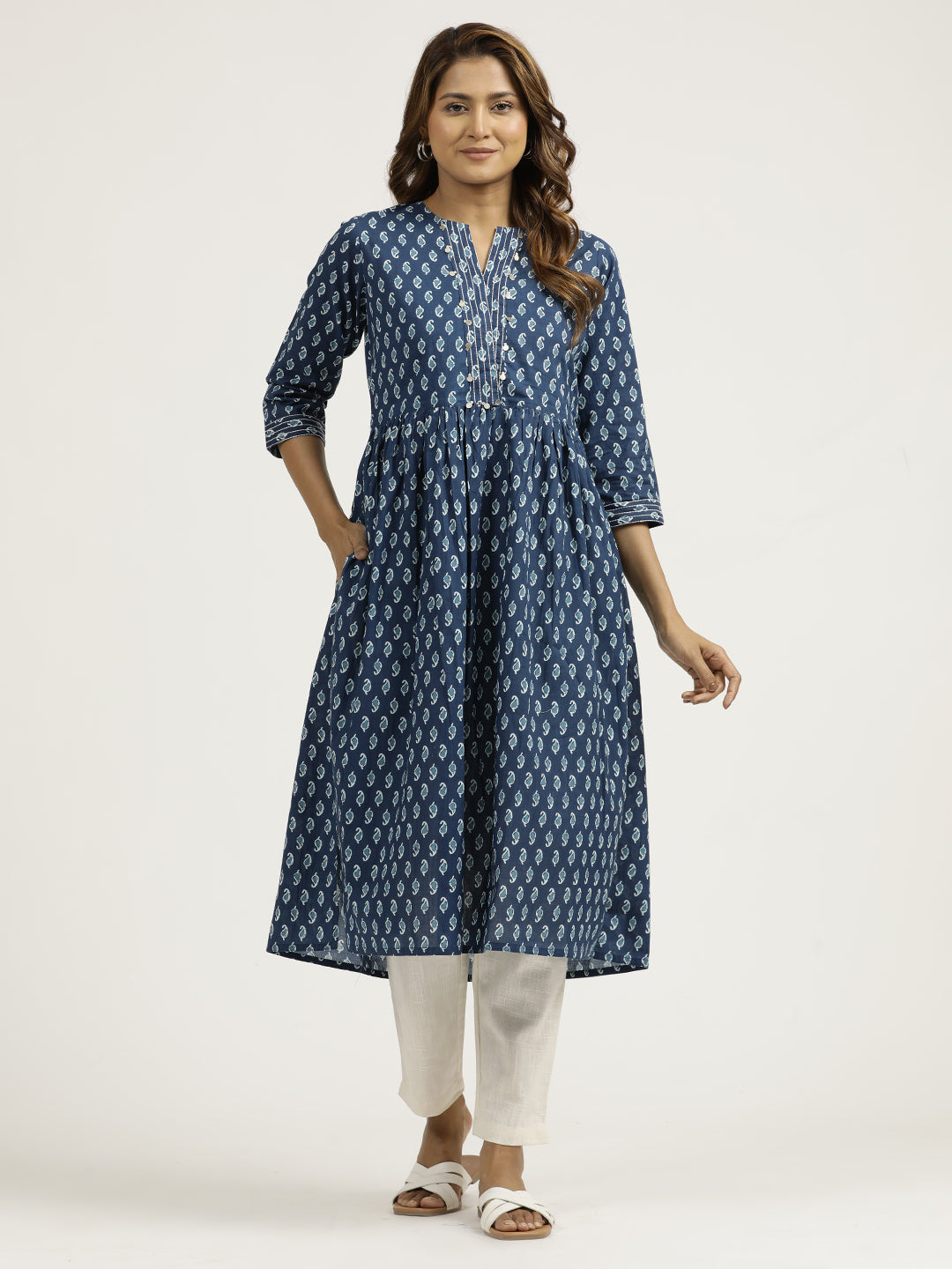 Ethnic Printed Indigo Gathered Cotton Kurta