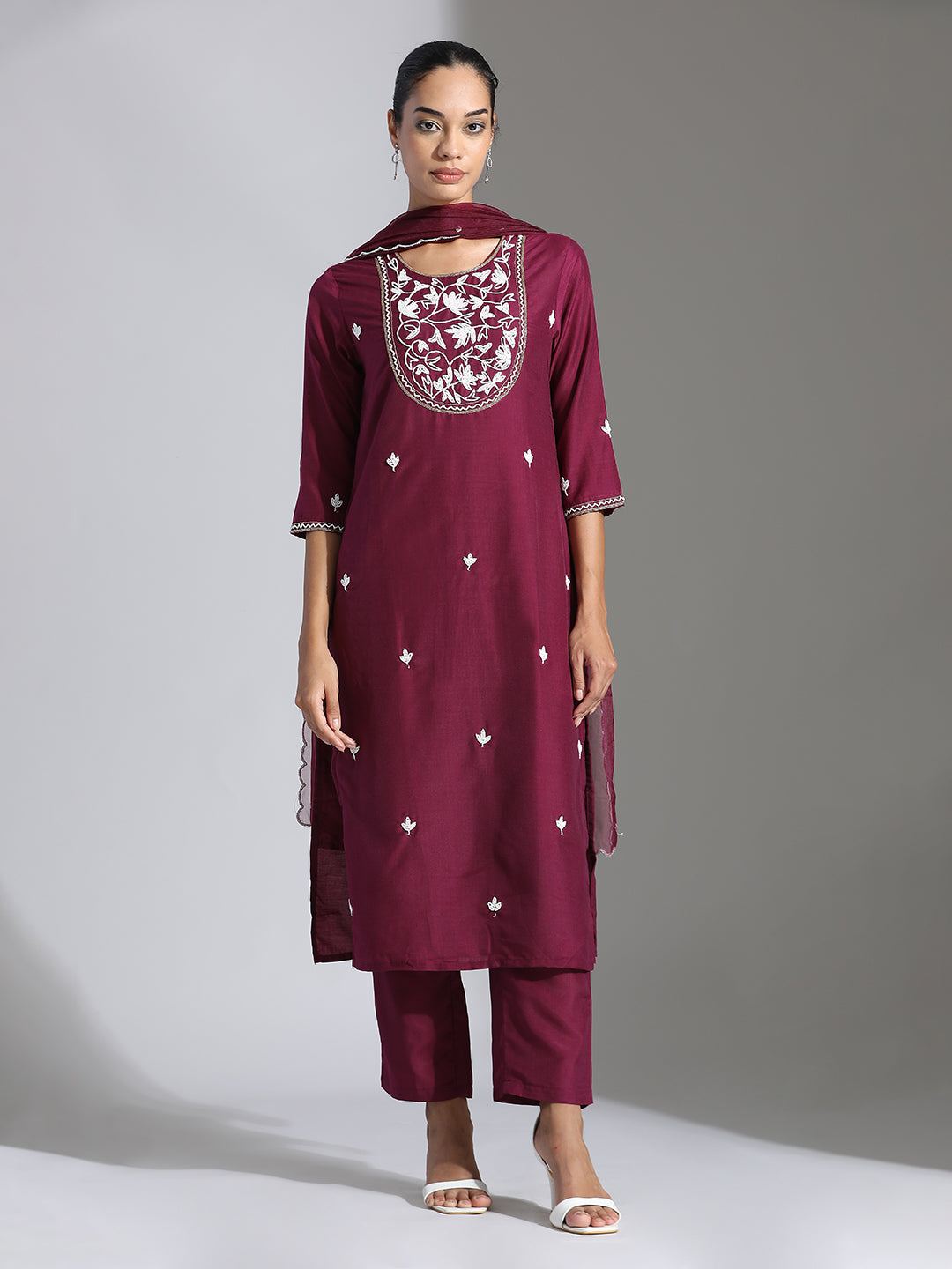 Purple Festive Silk Beadwork Embroidered Suit Set