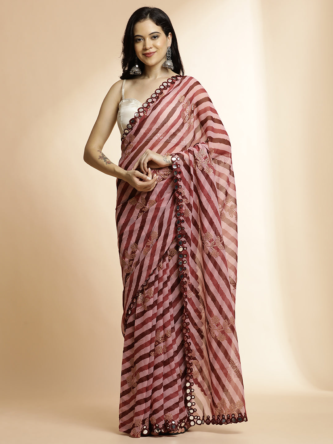 Maroon Pure Georgette Leheriya Mirror Work Saree