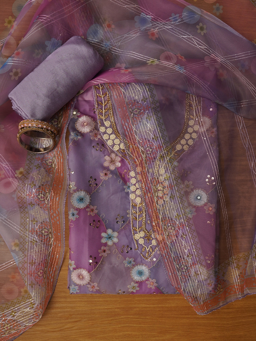 Sequin Embellished Organza Pink Dress Material with Dupatta