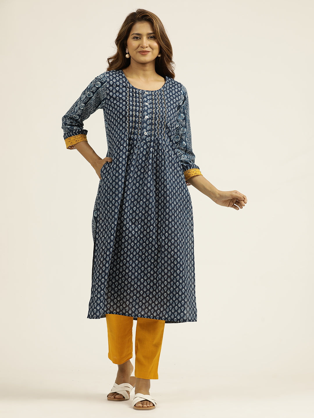 Indigo Blue Cotton Ethnic Motif Straight Kurta