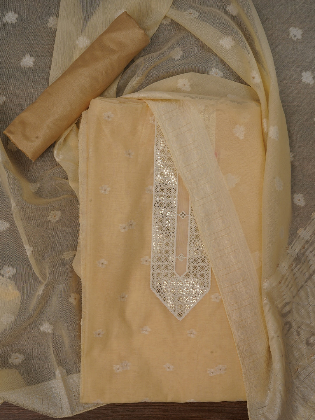 Beige Cotton Woven Design Embellished Dress Material with Dupatta