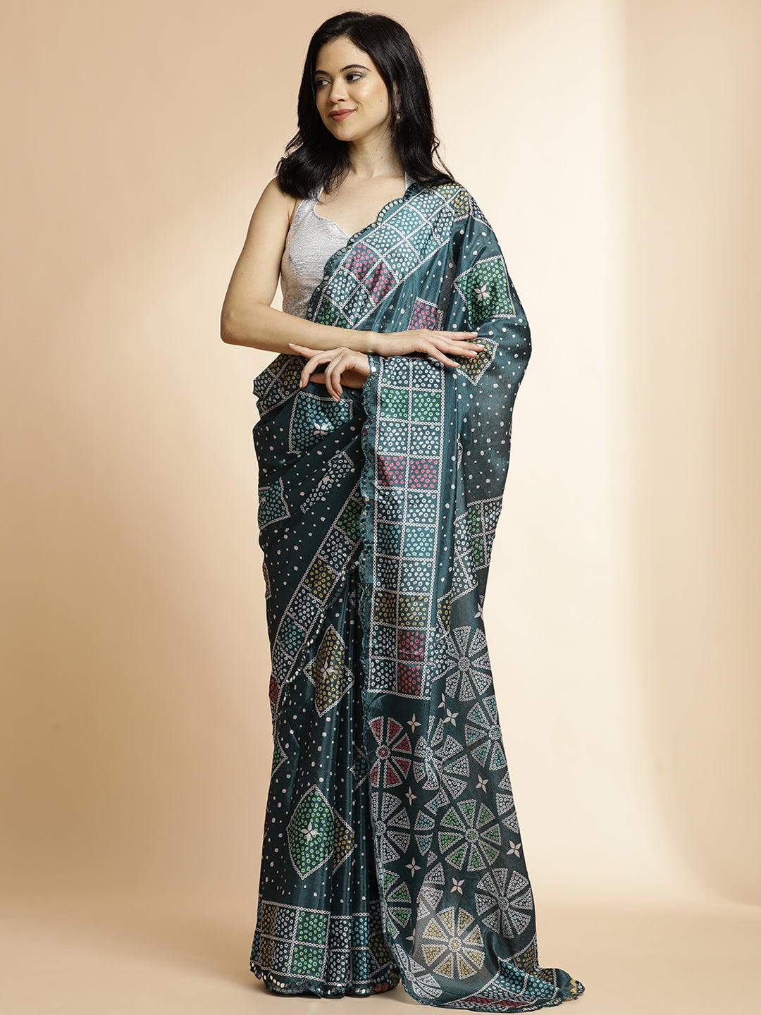 Multicolor Geometric Printed Mirror Work Satin Saree