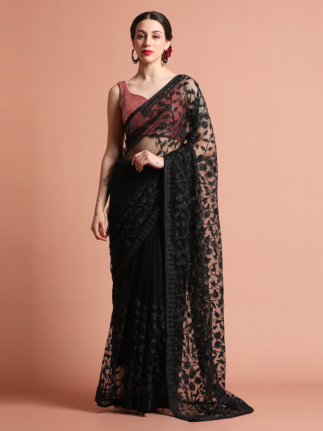 Black Party Wear Floral Embroidered Net Saree