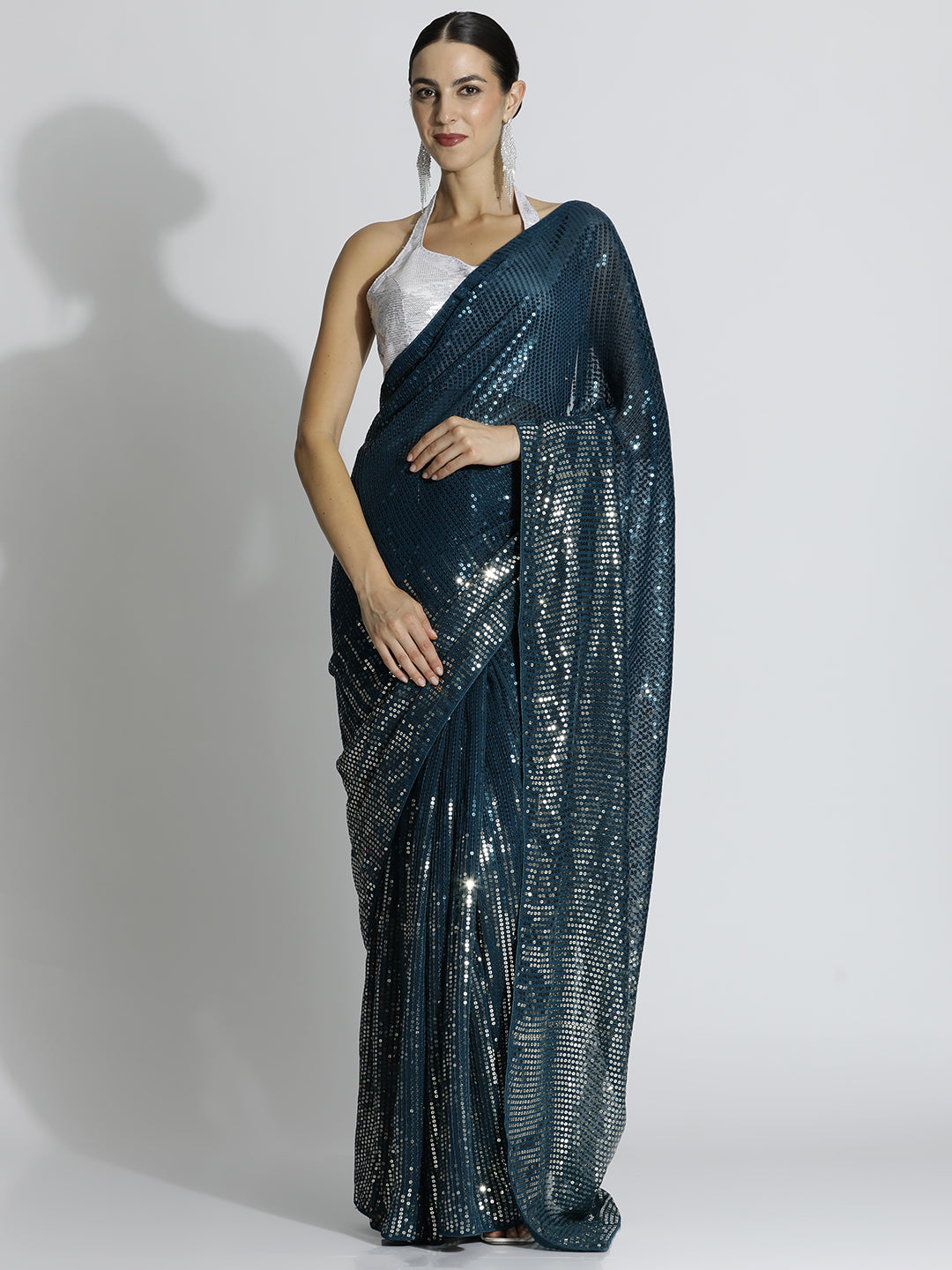 Morpich Sequin Embroidered Party Wear Tissue Saree