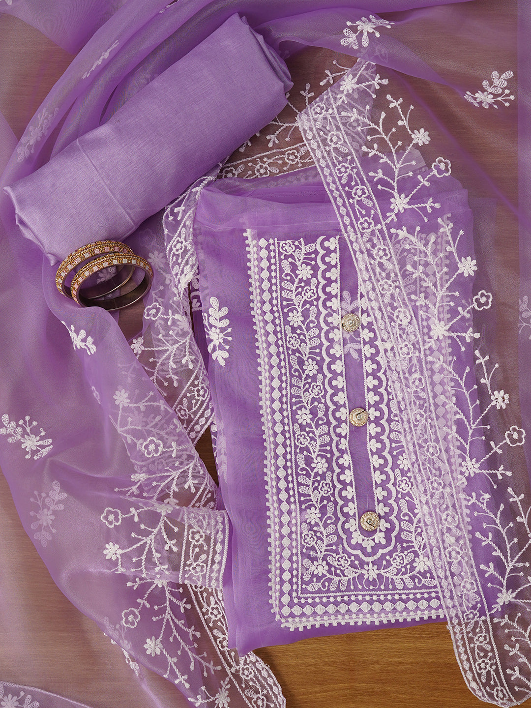 Light Purple Unstitched Embroidered Organza Dress Material With Dupatta