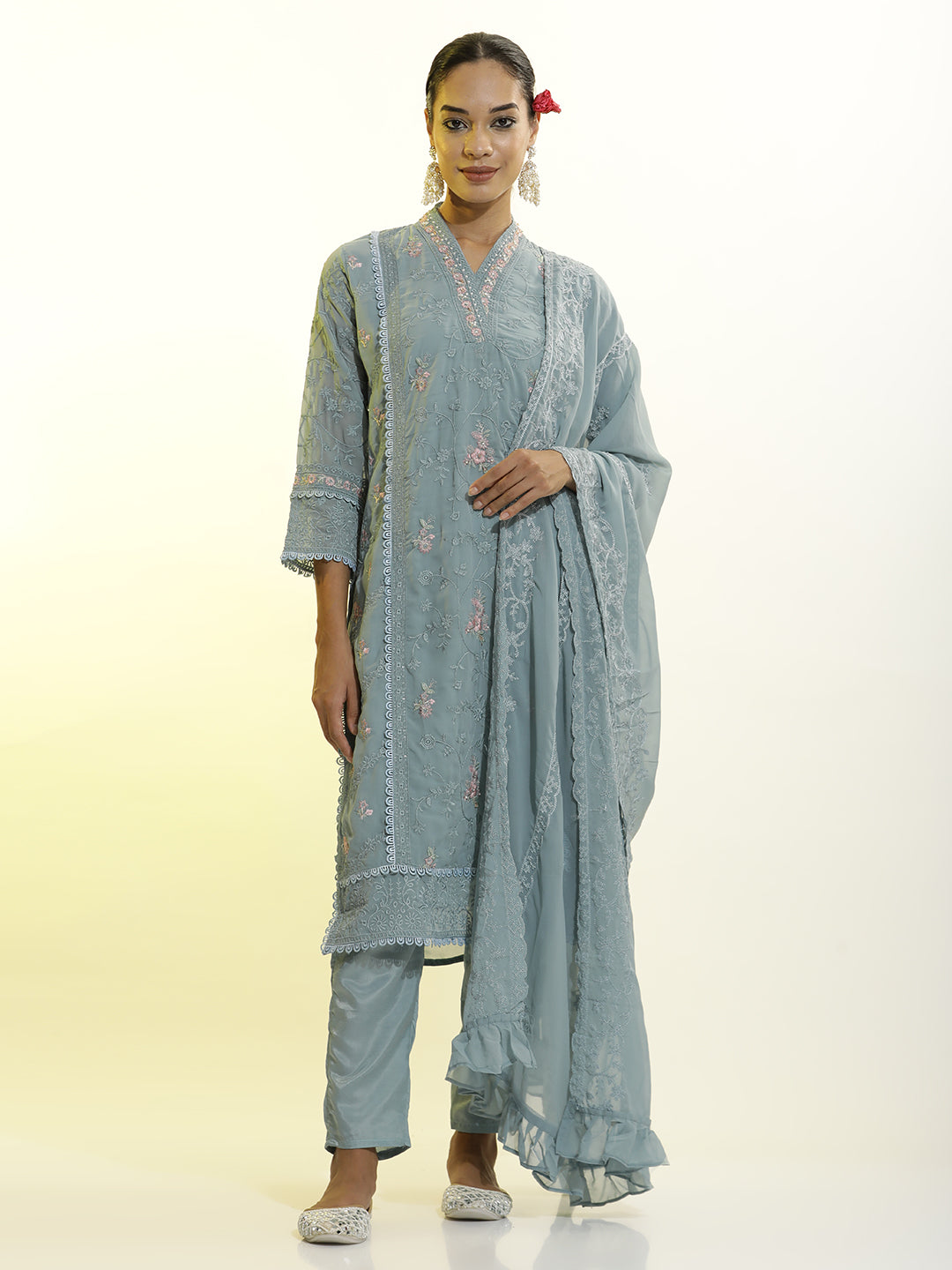 Festive Embroidered Georgette Kurta Set With Dupatta